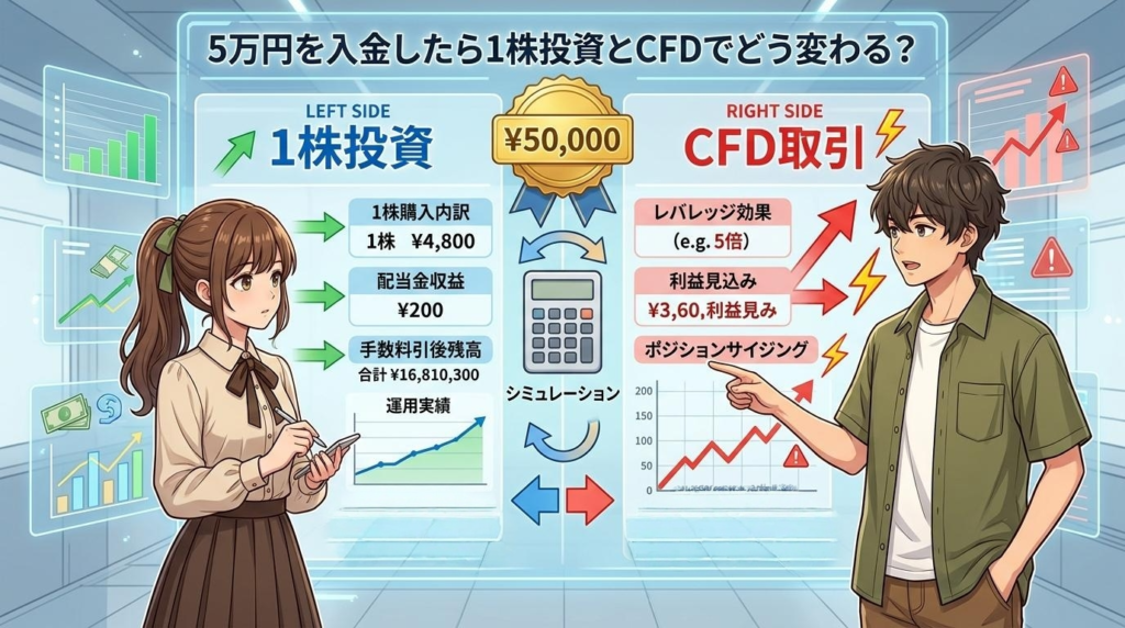 【シミュレーション】5万円を入金したら1株投資とCFDでどう変わる?